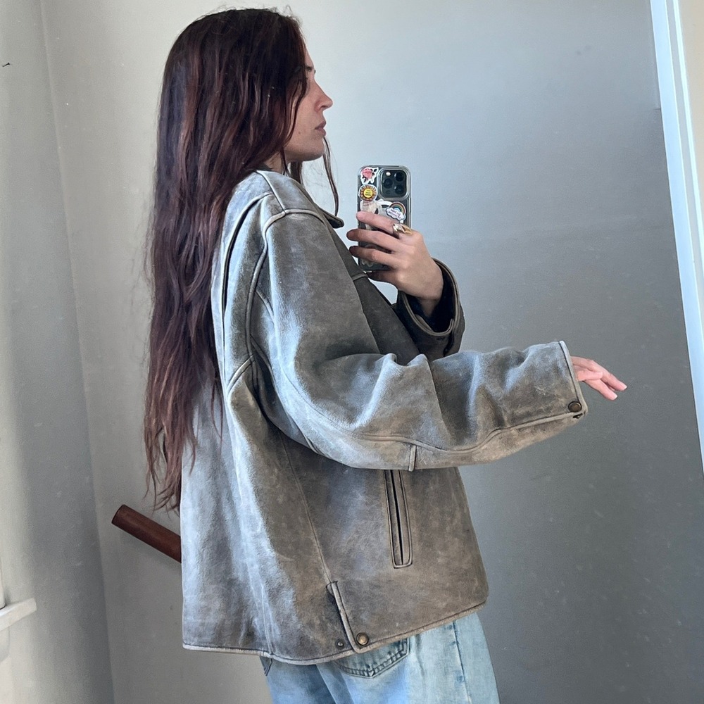 Vintage Brown Leather Bomber Jacket Distressed Worn Full Zip Biker Oversized